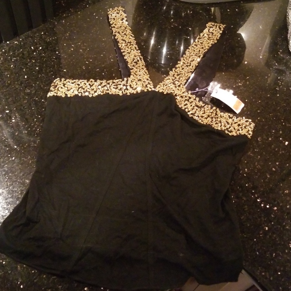 Embellished Black Stretch Top with Gold Sequins